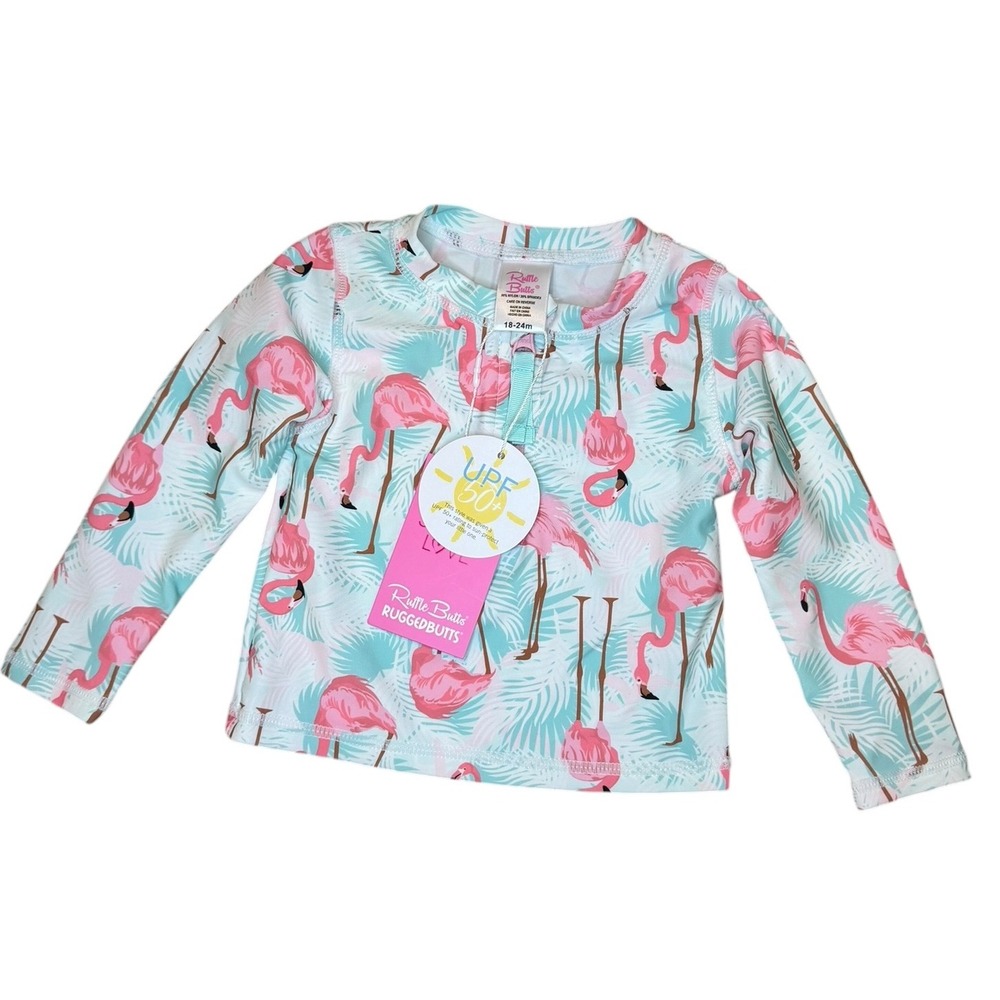 RuffleButts Girls Flamingo Long Sleeve Rash Guard Swim Top UPF 50+ 18-24M NWT